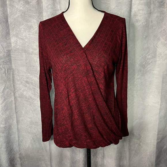 Rock & Republic Burgundy & Black Faux Wrap Long Sleeve Ribbed Top - MED - Picture 2 of 11